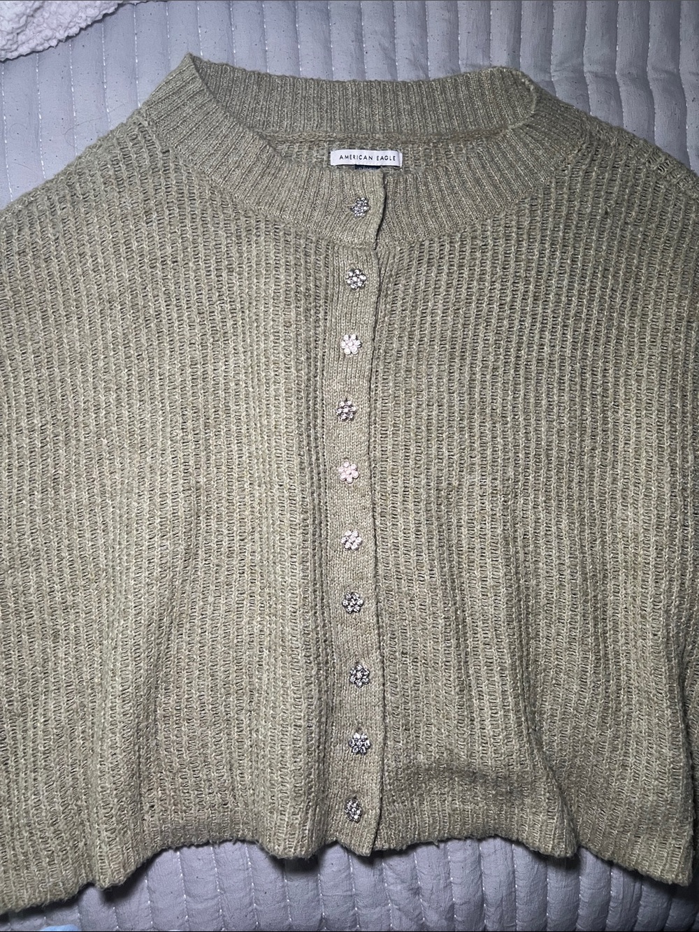 American Eagle Outfitters Olive Green Floral Button Knit Cardigan